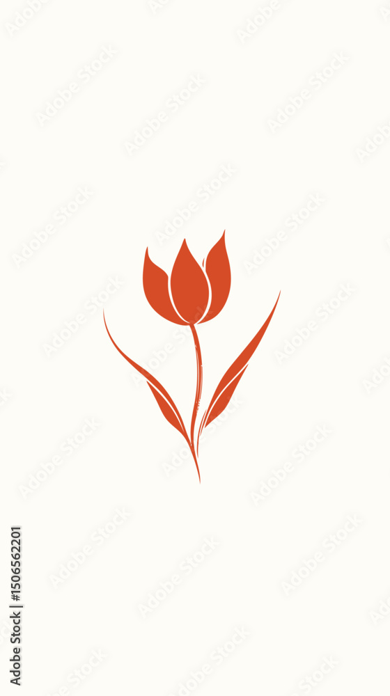 Poster minimalist red tulip flower logo with two leaves simple botanical flat vector illustration isolated 