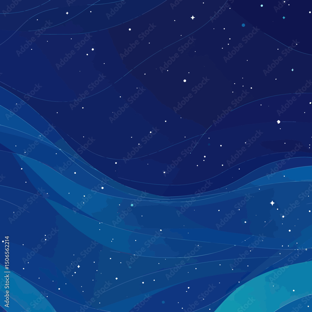 Poster abstract blue space background with flowing translucent waves and scattered star-like dots in minima