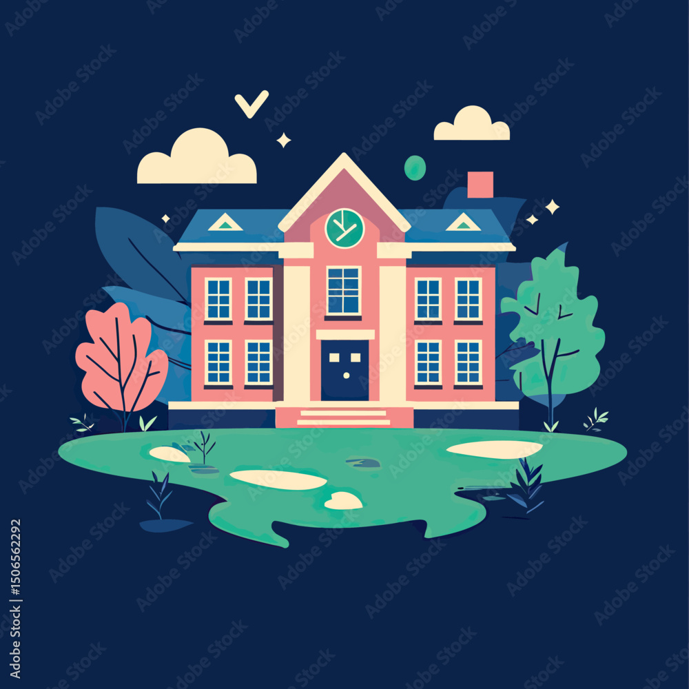 Poster flat minimalist vector illustration of modern school building surrounded by stylized trees and patch