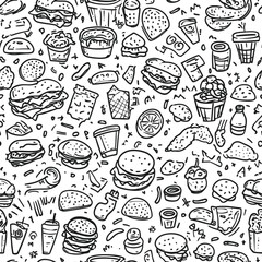 Hand drawn seamless pattern with fast food icons including burgers pizza sandwiches fries drinks and desserts doodle sketch style black and white vector illustration