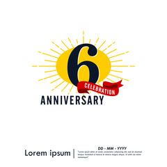 6th years anniversary celebration emblem. congratulations anniversary logo isolated with red ribbon and starburst on white background. vector illustration template design for web