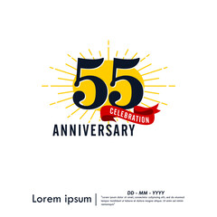 55th years anniversary celebration emblem. congratulations anniversary logo isolated with red ribbon and starburst on white background. vector illustration template design for web