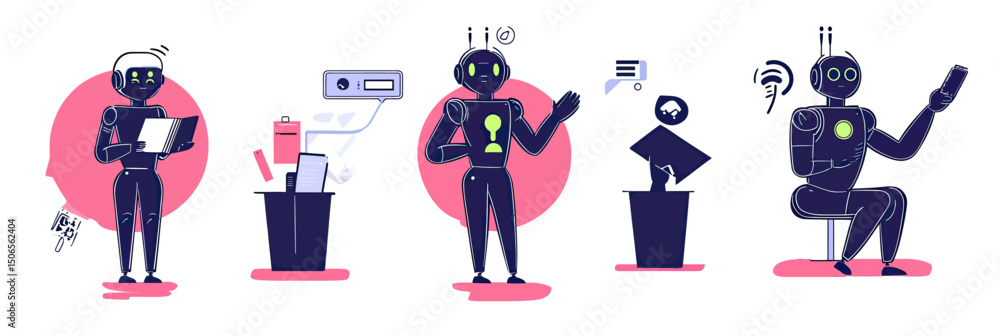 Poster set of four flat minimalist robots performing digital tasks including holding tablet with data, extr