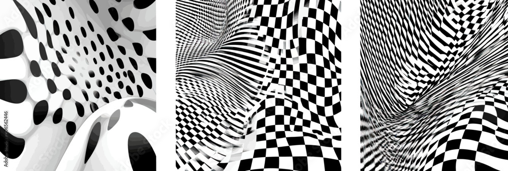 Poster set of three black and white distorted checkerboard patterns with warped and curved grid surfaces cr