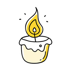Simple flat illustration of a lit candle with a warm flame, showcasing the wax texture and dripping edges, creating a cozy and inviting atmosphere for various design projects
