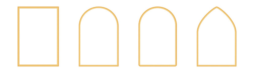 Collection of golden shiny arches. Luxury realistic rectangle frame, window shape, gate, door, geometric arch in oriental style. Muslim architecture design element, morocco shape. Vector illustration