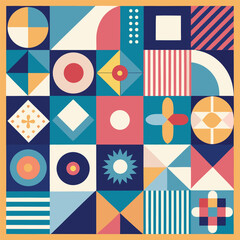 Geometric pattern vector background with Scandinavian abstract color or Swiss geometry prints of rectangles, squares and circles shape design