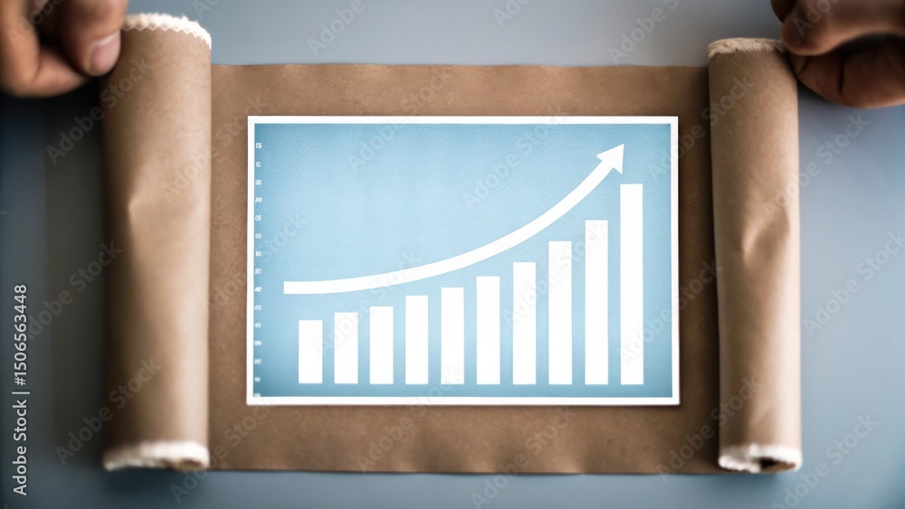 Poster a bar graph with a rising trend is revealed as a scroll is unrolled by two hands.