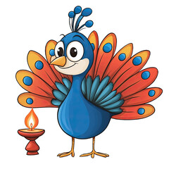 Colorful cartoon peacock with vibrant feathers and cheerful expression, standing next to lit oil lamp, celebrating festive occasion