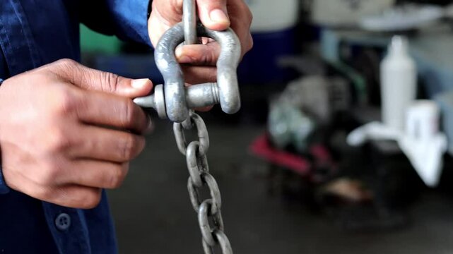 Close up technician hand holding and tighten the shackle pins attached to the chain.