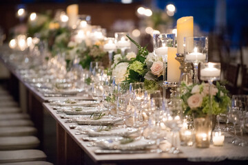 Romantic Candlelit Banquet Table with Floral Centerpieces