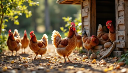 Fototapeta premium A group of chickens are standing in a field