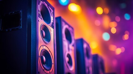 A captivating shot of speakers arranged in a row at a live concert, illuminated by colorful stage lights, capturing the energy and excitement of a performance