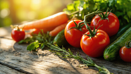 Fresh garden vegetables tomatoes carrots cucumbers herbs
