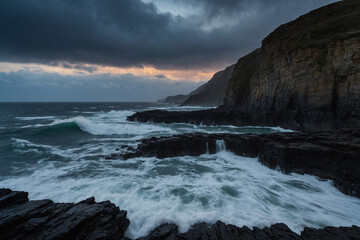 Obraz premium Stormy coastline at dusk seen from a narrow rocky path with waves crashing onto dark cliffs and low clouds glowing faintly from hidden sunset behind the horizon, the composition focuses