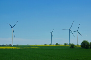Wind Turbines in Green Field with Blue Sky - Renewable Energy Concept