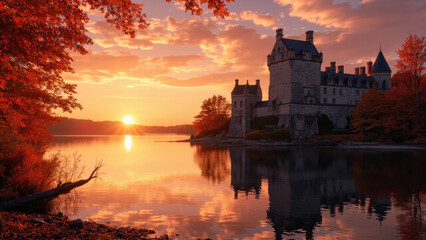 Obraz premium Majestic castle at sunset autumnal lake scene
