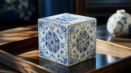Fototapeta premium An elegant blue and white patterned ceramic box sits centered on a round, polished wooden tray against a light background