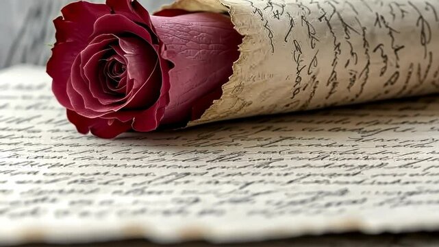A single red rose nestled within an antique scroll, resting on a handwritten letter