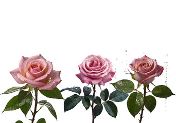Naklejka premium Set of pink roses with dew drops isolated on transparent background