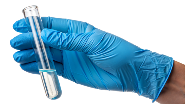 hand in glove holding test tube isolated