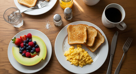 A breakfast spread featuring toast, eggs, fruit, and beverages on a wooden table surface