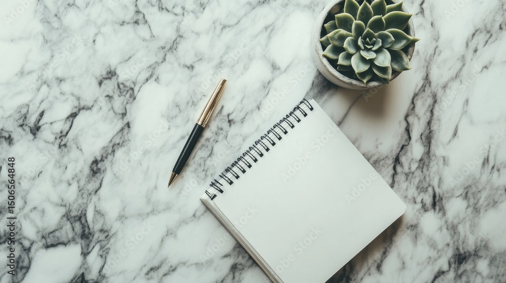 Poster a chic minimalist desk with an open notebook, a single pen, and a small succulent plant, all arrange