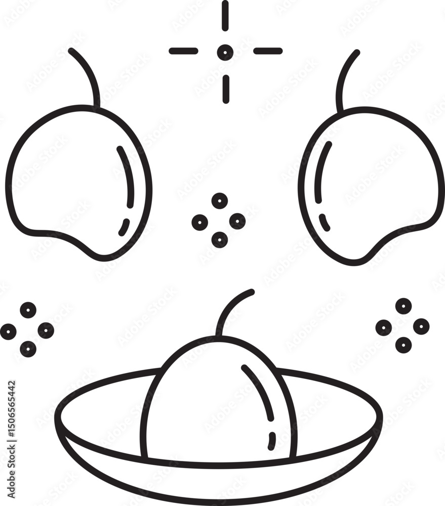 Poster this features minimalist line drawing of three mangoes, with two floating above and one placed on pl