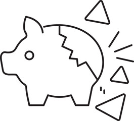 Broken piggy bank icon symbolizes financial loss or savings depletion. simple black outline with shattered pieces conveys sense of loss or financial challenge
