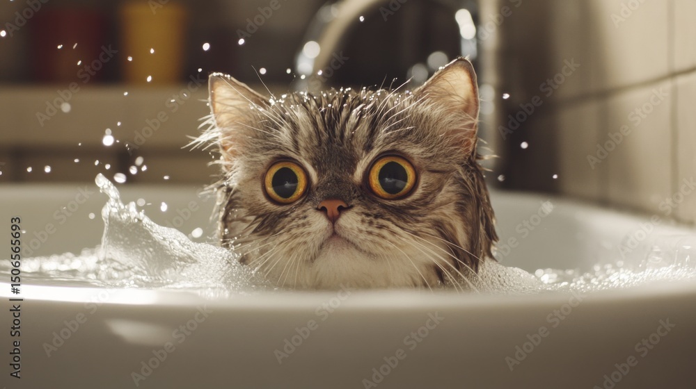 Poster A close-up of a cat sitting in a shallow bath with gentle water splashing around, showing its curious expression and wet fur in a cozy bathroom setting.