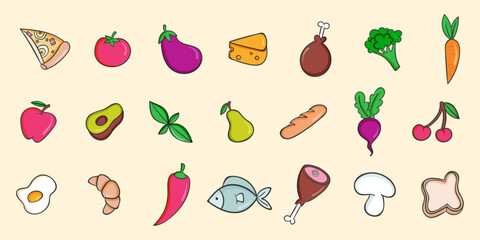 Colorful Food Icons Collection - hand drawn Fresh Fruits Vegetables Cooking Ingredients vector illustration 