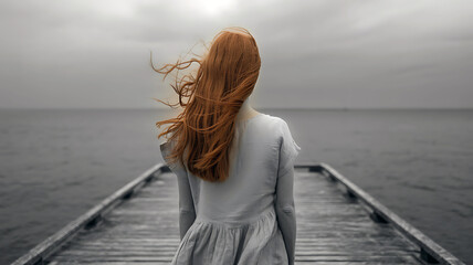 Fototapeta premium Redhead woman stands on pier ocean breeze