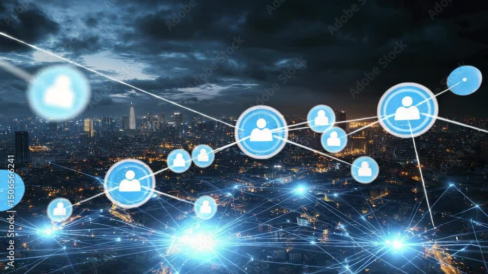 Poster a futuristic cityscape at night with glowing network connections illustrating digital connectivity a