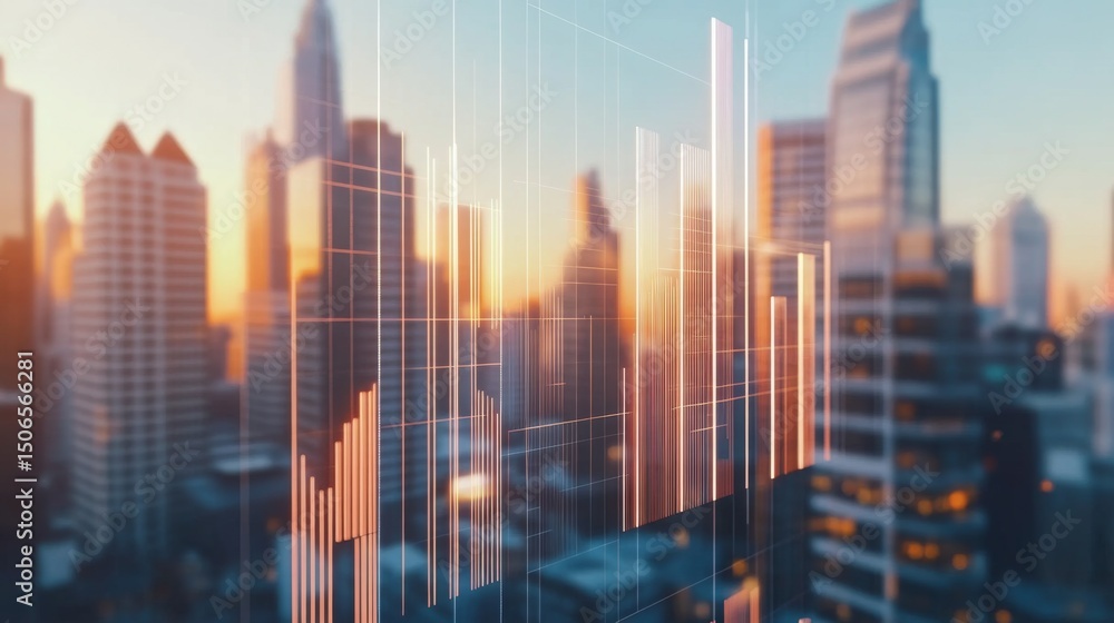 Poster a close-up of a financial bar graph with tall, transparent bars rising against a minimalist backgrou