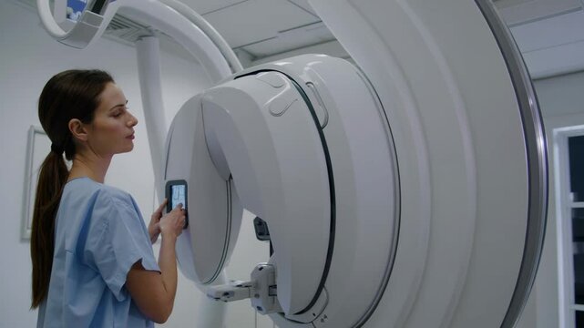 Medical professional operating advanced mammography machine