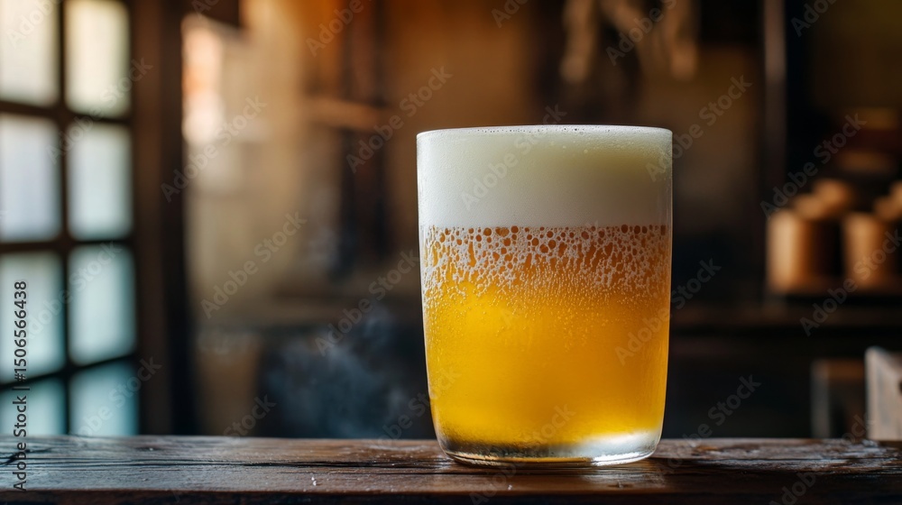 Poster a close-up of a frothy glass of beer with bubbles rising, set against a rustic wooden table, with a 