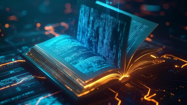 Glowing Open Book On Circuit Board With Neon Lights