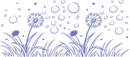 Seamless floral pattern of dandelions with floating bubbles in soft line art style. Perfect for spring-themed textiles, wrapping paper, or backgrounds. Whimsical, airy, and nature-inspired design.