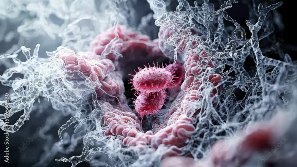 Aufkleber a close-up microscopic view of pink bacteria surrounded by fibrous white structures in a cellular en