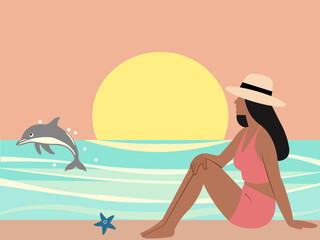 Woman on the beach enjoying sea view and dolphin playing in the water