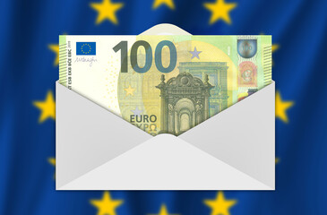 Financial illustration of European Union. Blurred flag of EU. Paper 100 euro note 2019 in postal envelope. Business and economy of Europe. Hobby or bribe.