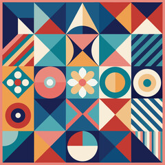 Geometric pattern vector background with Scandinavian abstract color or Swiss geometry prints of rectangles, squares and circles shape design