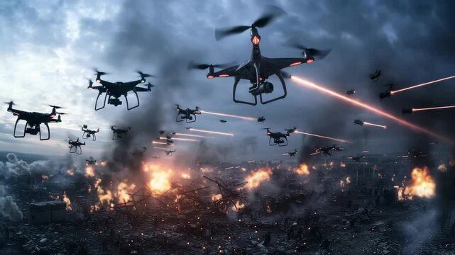 A swarm of drones with lasers flies over a burning battlefield filled with fire, smoke, and devastation under a stormy sky.