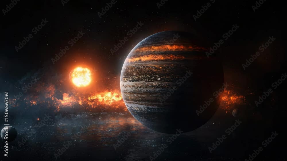 Poster a massive gas giant planet with fiery clouds orbits in deep space, surrounded by stars and smaller c