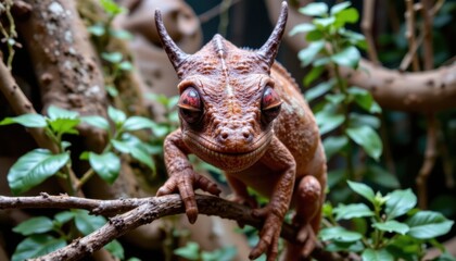 Fototapeta premium Close-up of a brown toad with textured skin and prominent horns perched on a branch amidst green foliage in a natural outdoor habitat