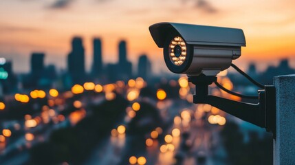 A close-up of a sleek, modern CCTV camera mounted on a wall, capturing the technology's details with a blurred urban background, emphasizing security and surveillance