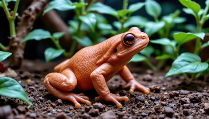 Obraz premium Close-up of a vibrant orange frog sitting on damp soil among lush green tropical leaves in a natural jungle habitat with detailed textures and rich colors
