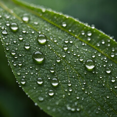 Close-up of morning dew forming tiny spheres on the edge of a green leaf with soft light enhancing surface texture and water clarity captured in extreme macro detail after sunrise,