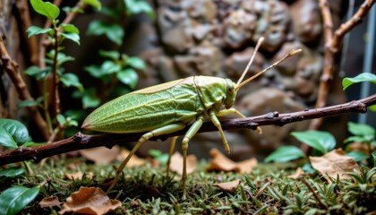 Close-up of a vibrant green grasshopper perched on a thin branch in a natural garden setting with detailed foliage and earthy background elements