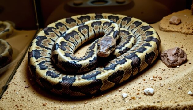 Close-up of a large ball python snake coiled on sandy ground in captivity with rocks and terrarium background